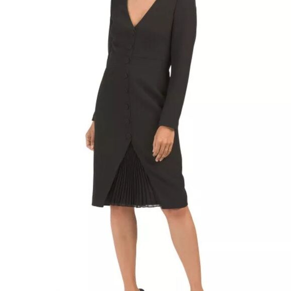 🆕️ Badgley Mischka Tailored Buttoned Long Sleeve Pleated Midi Dress in Black - Picture 3 of 16